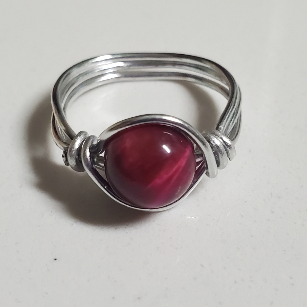 Pink Tiger Eye Silver wire ring size 7 Handmade jewelry for women's